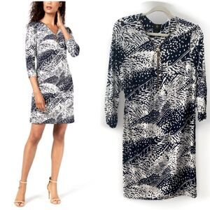 JM Collection NWT Printed Midi Dress Large 3/4 Sleeve Zip Shift Coastal Yacht